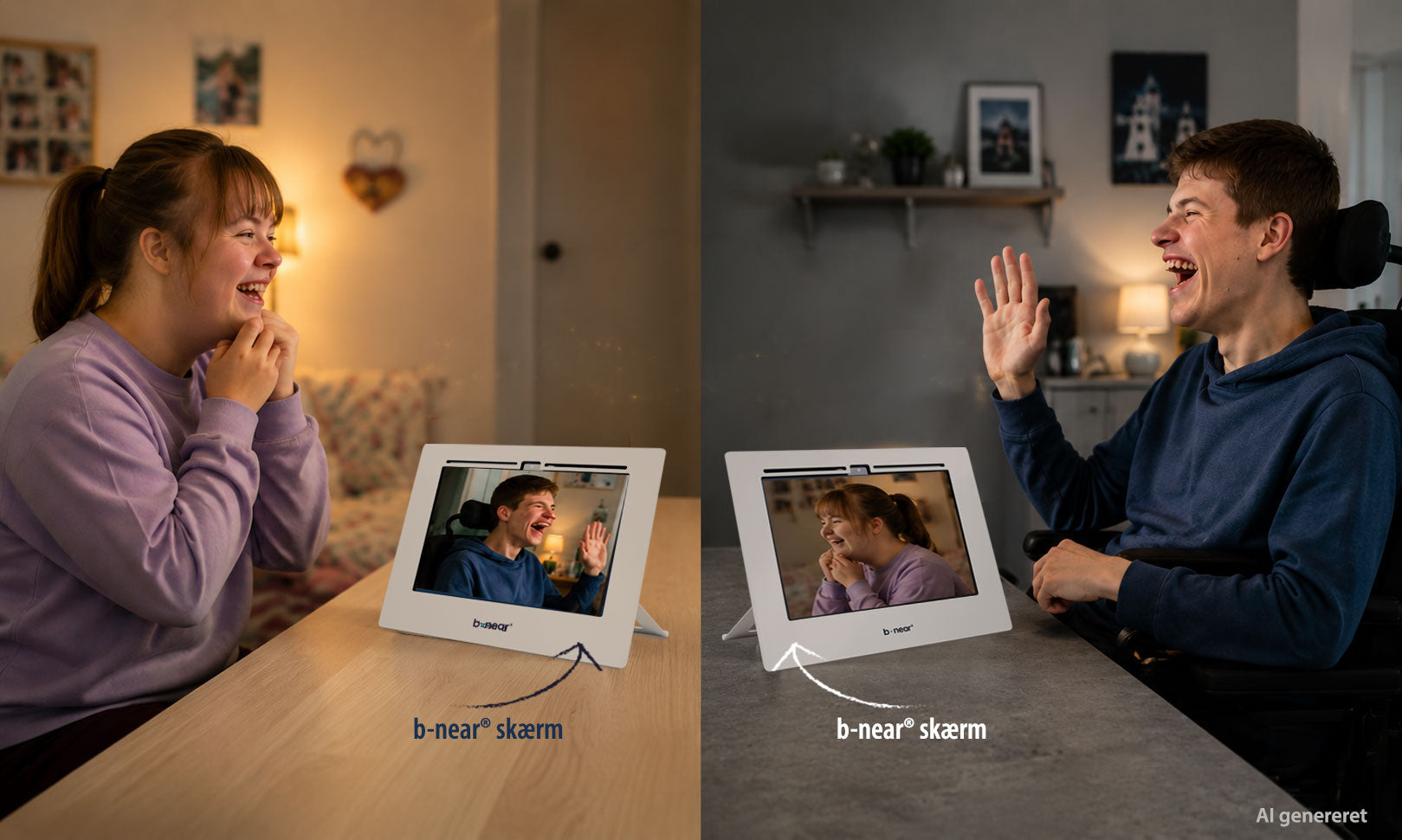 To personer holder kontakt via b-near® til b-near®, hvor to skærme forbinder dem i trygge tidsrum