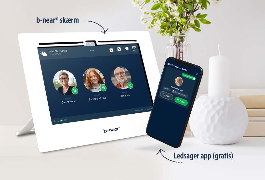 b-near® skærm og gratis ledsager-app viser enkel videokontakt med ét tryk til godkendte kontakter.