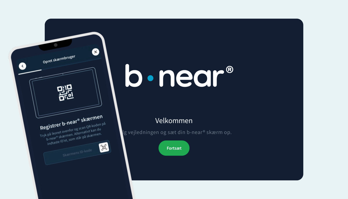 b-near® app og skærm viser enkel opsætning med QR-kode og vejledning på skærmen.