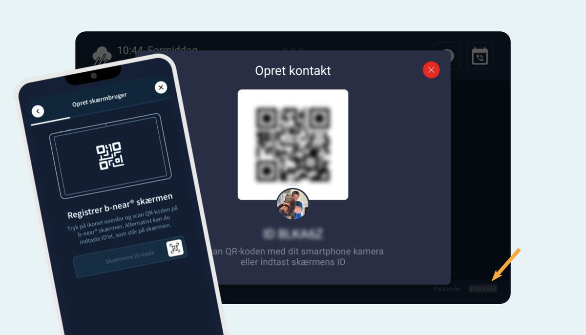 b-near® app og skærm viser QR-kode og kode til nem tilføjelse af nye kontakter.